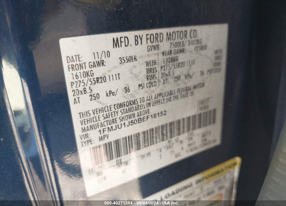 2011 FORD EXPEDITION XLT VIN: 1FMJU1J50BEF18152