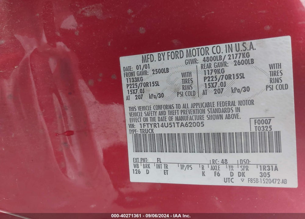 2001 FORD RANGER EDGE/XL/XLT VIN: 1FTYR14U51TA62005