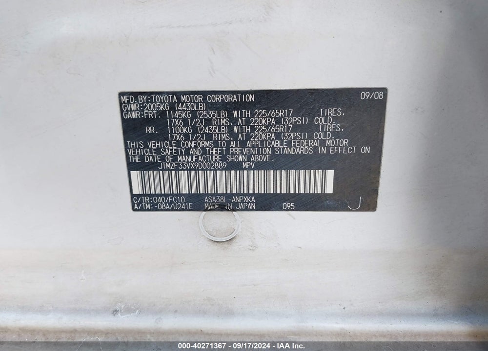 2009 TOYOTA RAV4 VIN: JTMZF33VX9D002889