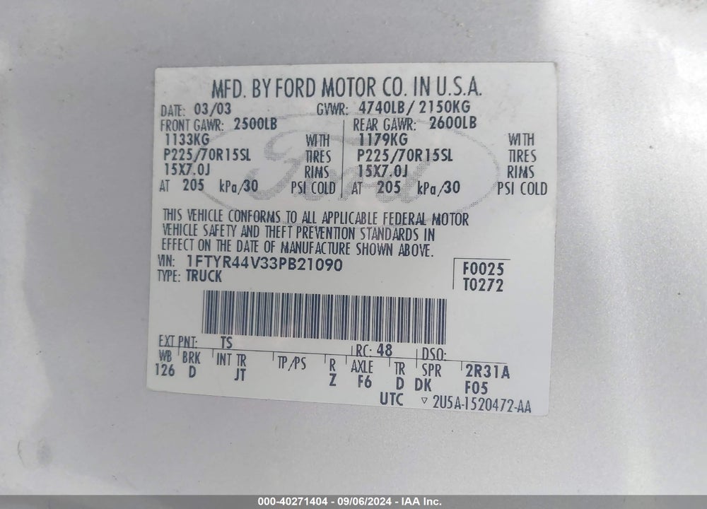 2003 FORD RANGER EDGE/TREMOR/XLT VIN: 1FTYR44V33PB21090
