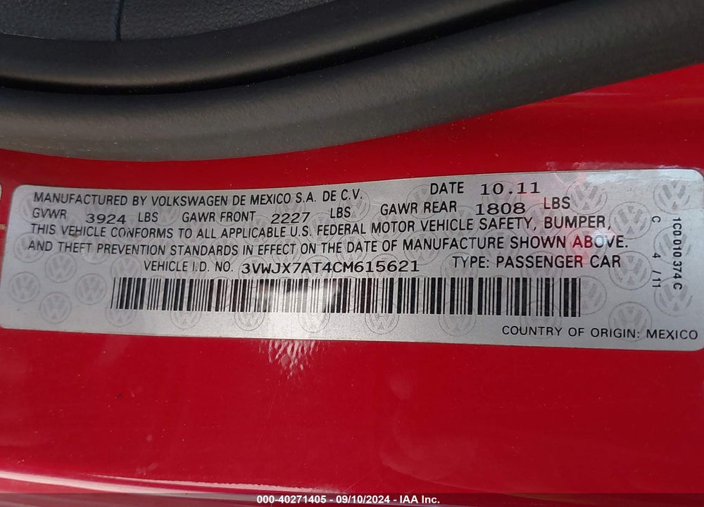 2012 VOLKSWAGEN BEETLE 2.5L VIN: 3VWJX7AT4CM615621