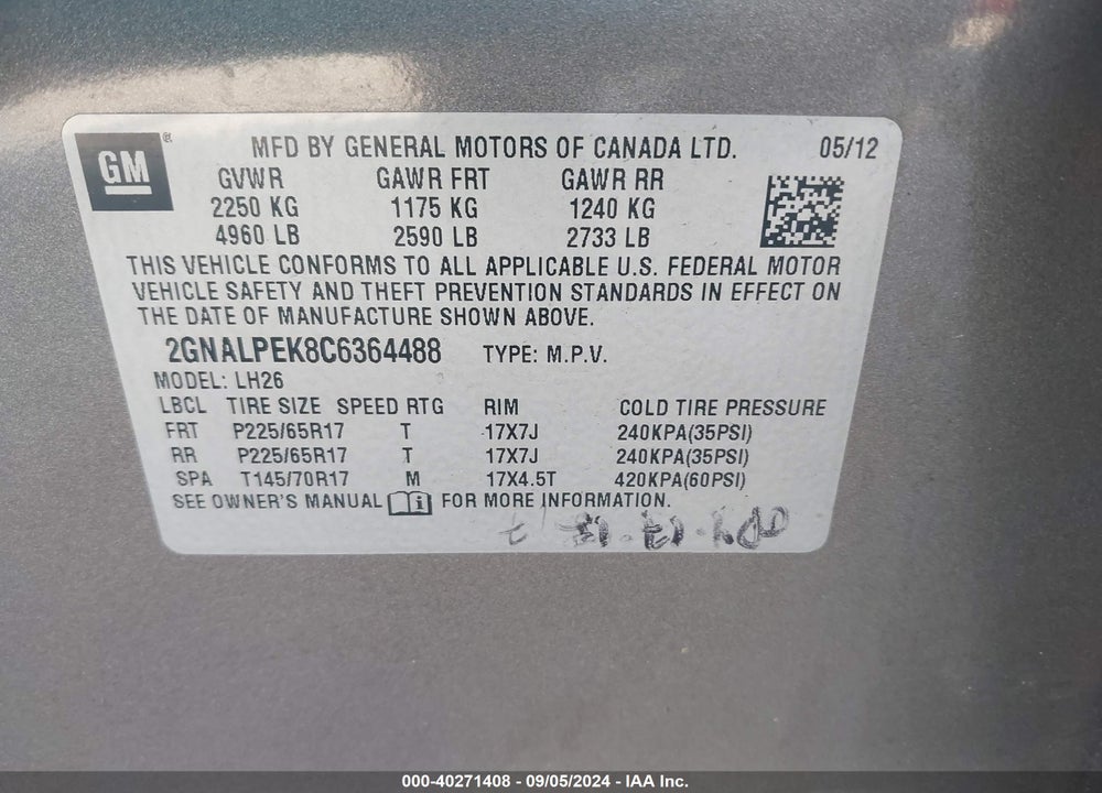 2012 CHEVROLET EQUINOX VIN: 2GNALPEK8C6364488