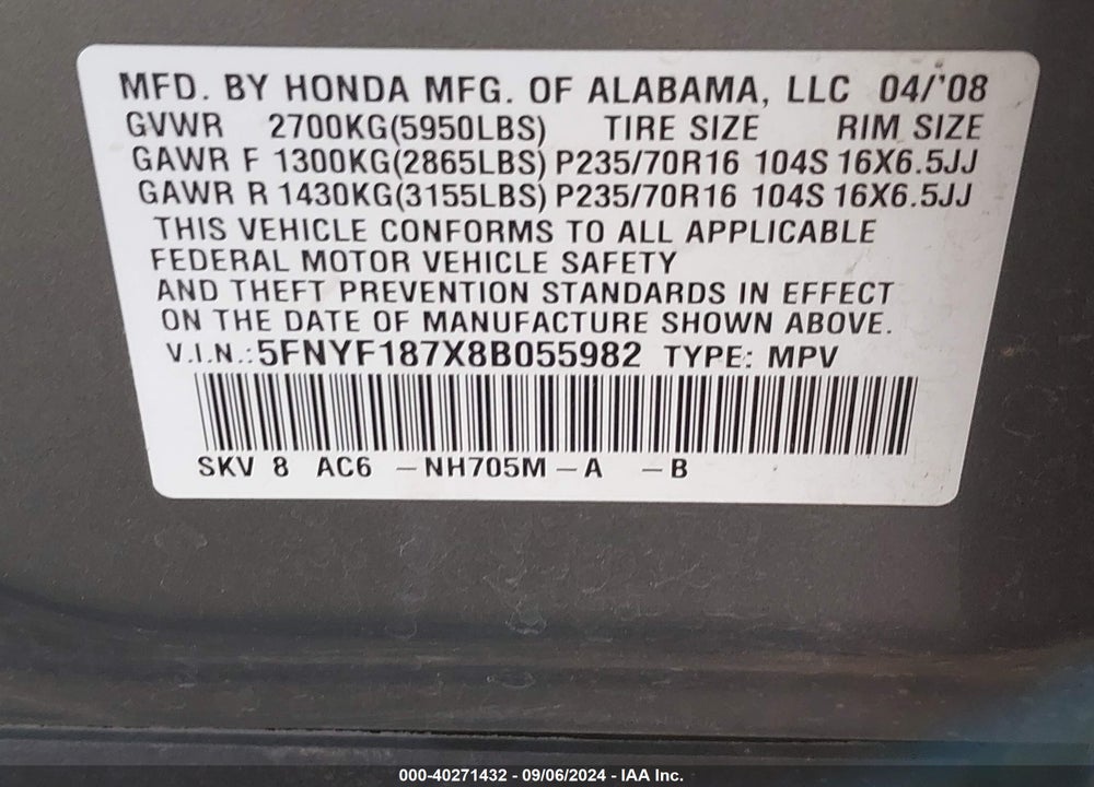 2008 HONDA PILOT EX-L VIN: 5FNYF187X8B055982