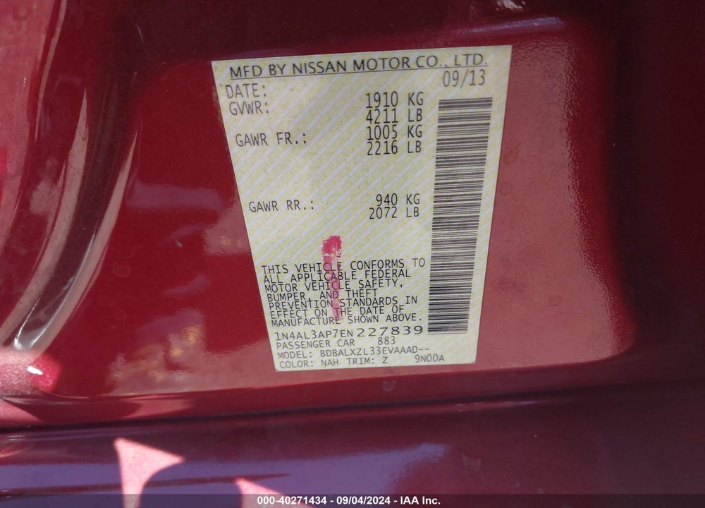 2014 NISSAN ALTIMA 2.5 SL VIN: 1N4AL3AP7EN227839