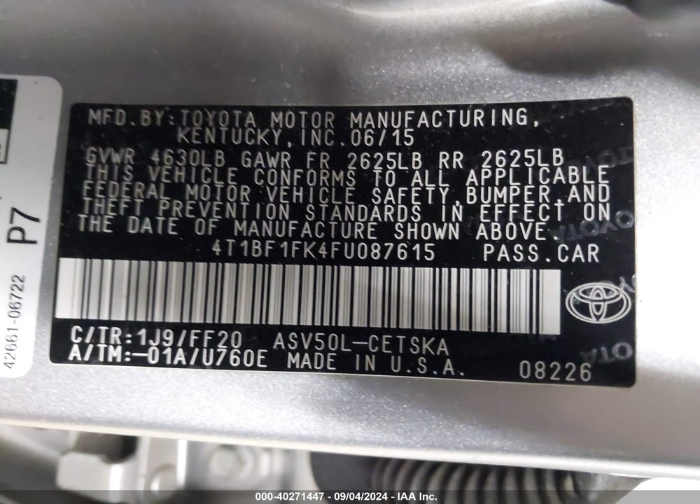 2015 TOYOTA CAMRY SE VIN: 4T1BF1FK4FU087615