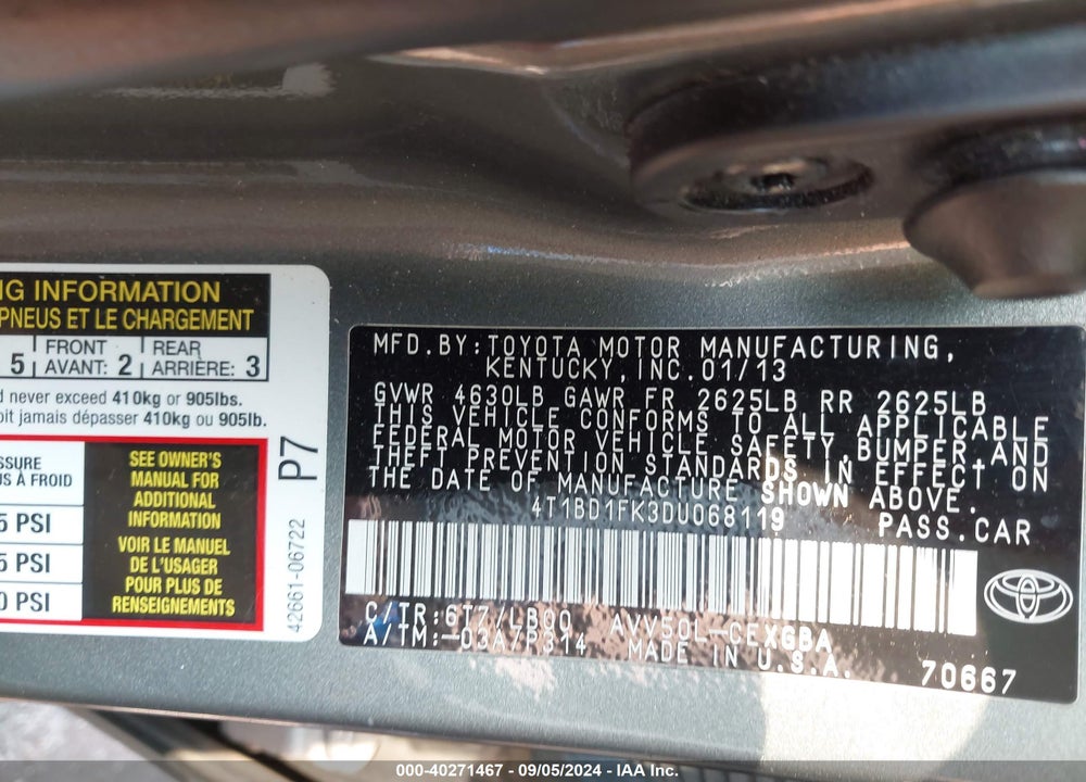 2013 TOYOTA CAMRY HYBRID XLE VIN: 4T1BD1FK3DU068119