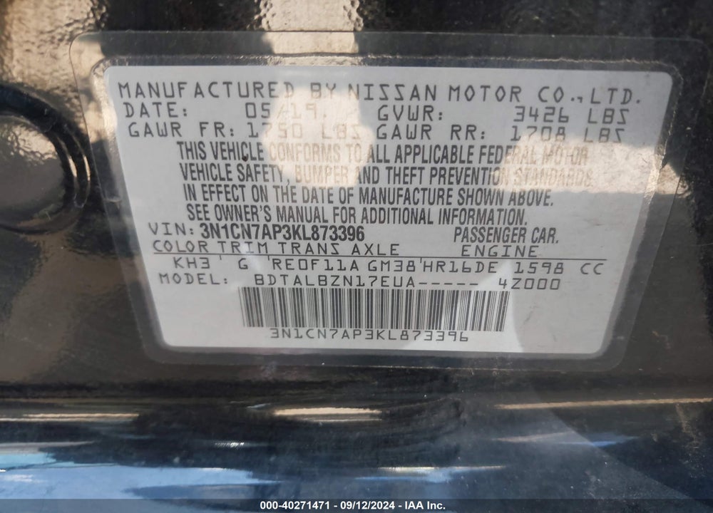 2019 NISSAN VERSA 1.6 SV VIN: 3N1CN7AP3KL873396