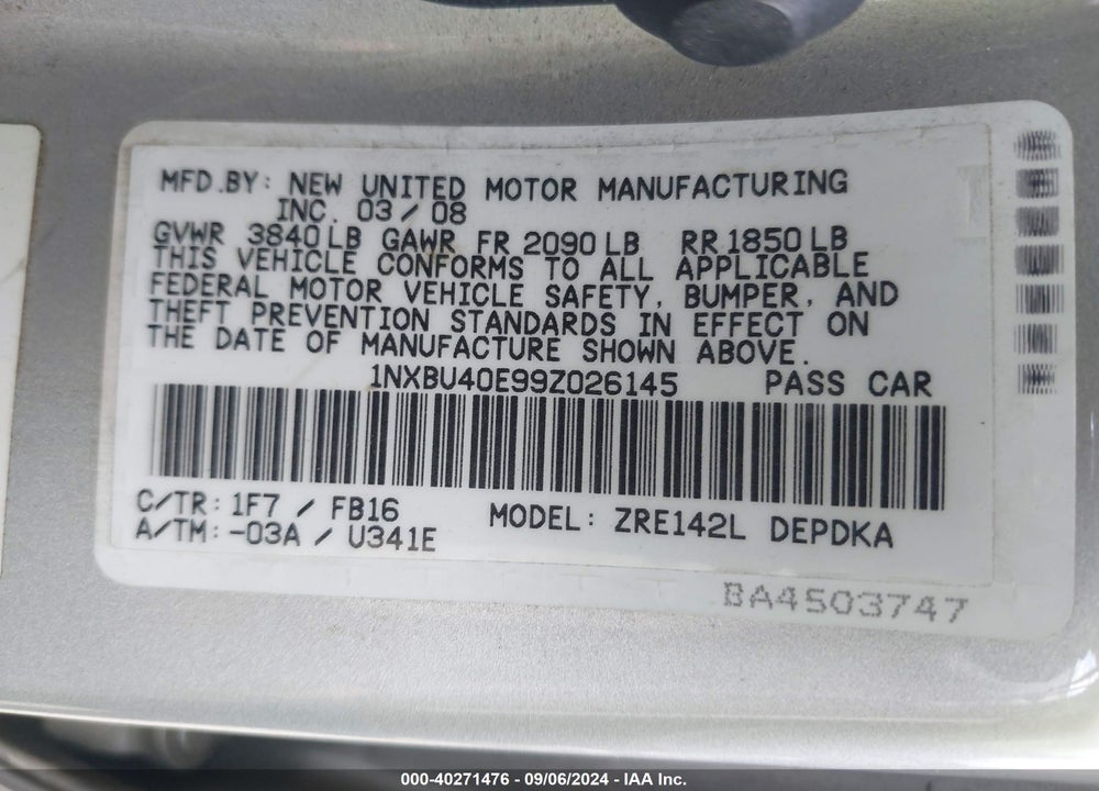 2009 TOYOTA COROLLA VIN: 1NXBU40E99Z026145