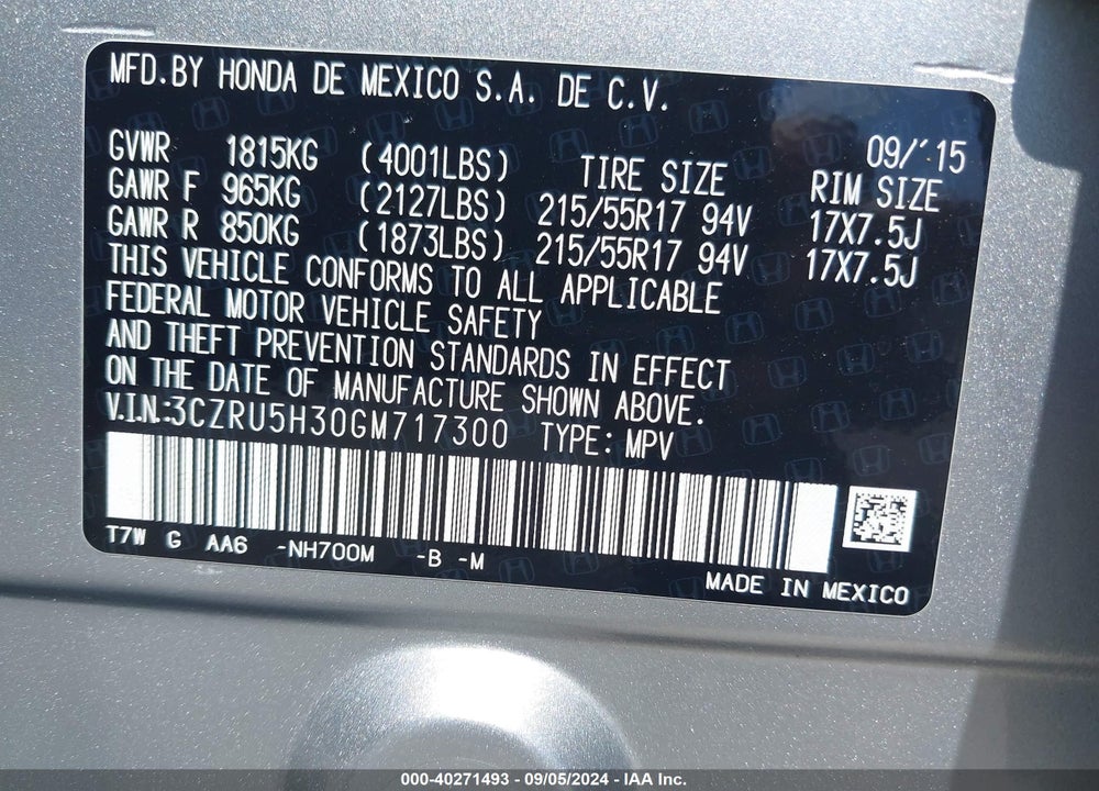 2016 HONDA HR-V LX VIN: 3CZRU5H30GM717300