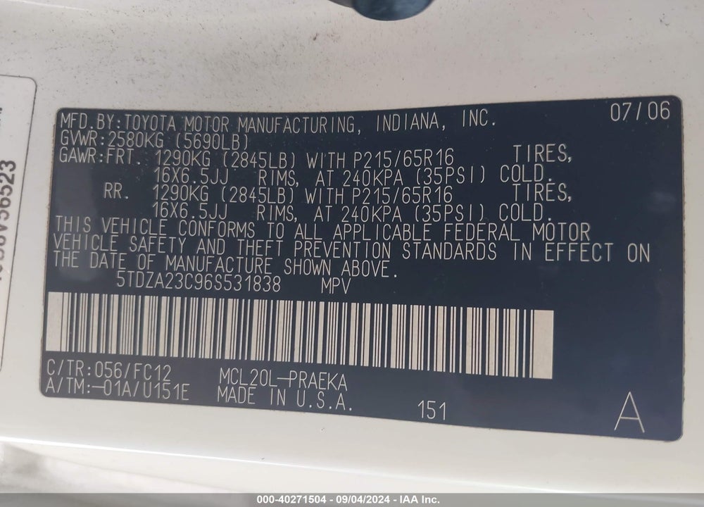 2006 TOYOTA SIENNA LE VIN: 5TDZA23C96S531838