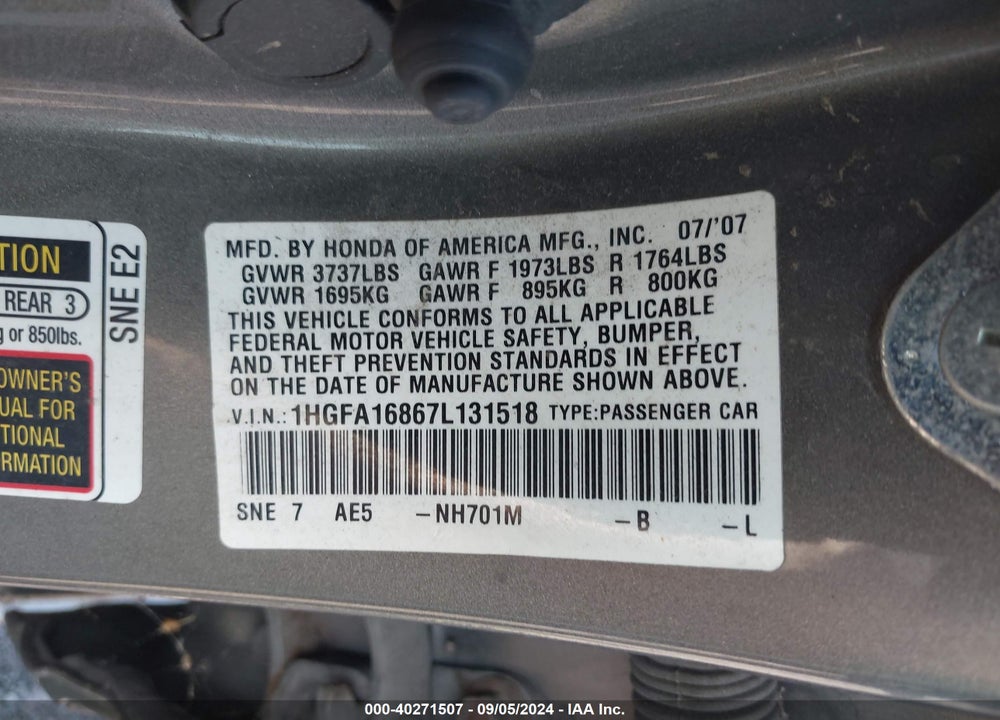 2007 HONDA CIVIC EX VIN: 1HGFA16867L131518