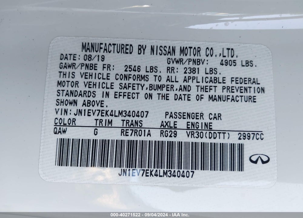2020 INFINITI Q60 PURE VIN: JN1EV7EK4LM340407