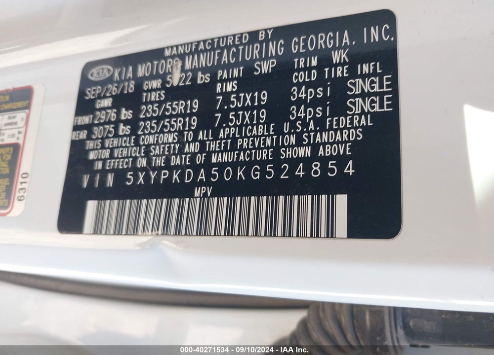 2019 KIA SORENTO 3.3L SX VIN: 5XYPKDA50KG524854