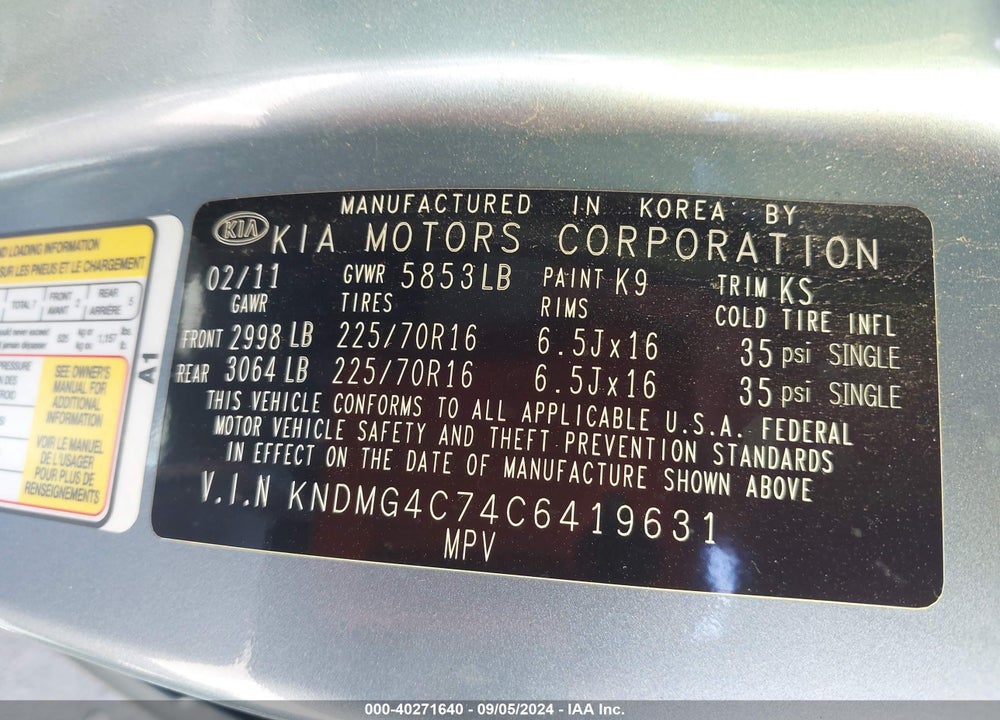 2012 KIA SEDONA LX VIN: KNDMG4C74C6419631