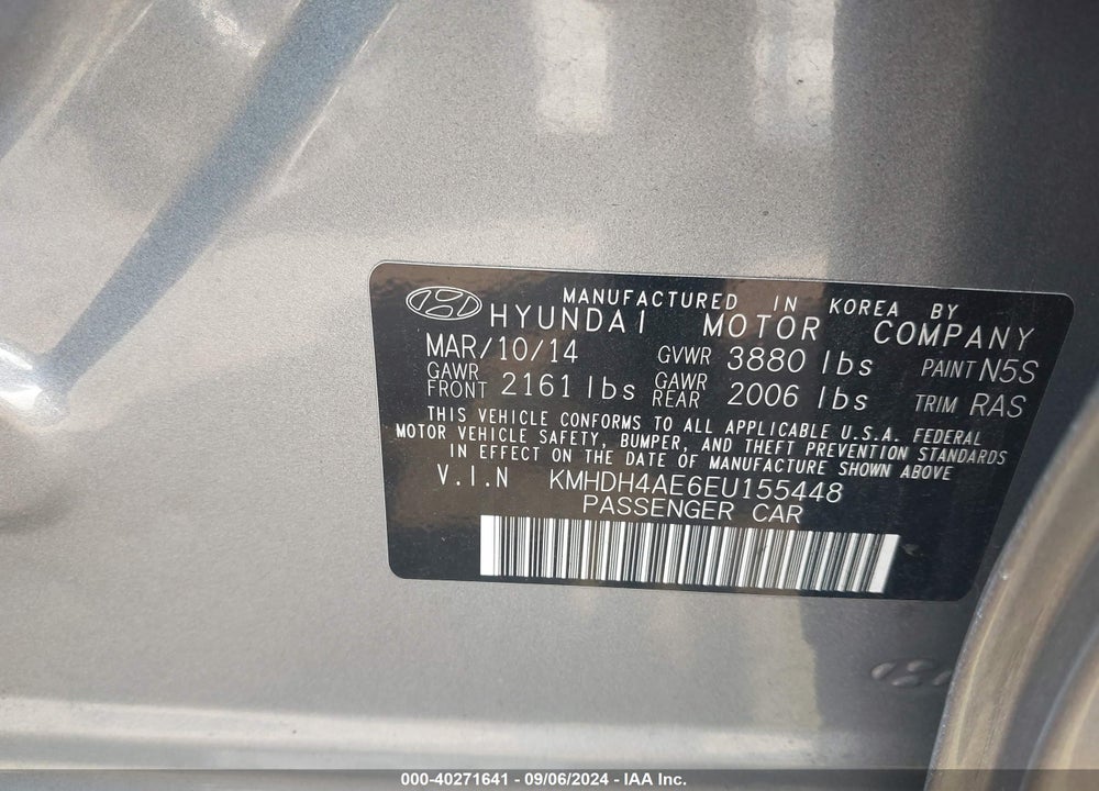 2014 HYUNDAI ELANTRA SE VIN: KMHDH4AE6EU155448