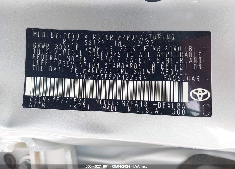2024 TOYOTA COROLLA LE VIN: 5YFB4MDE5RP122544