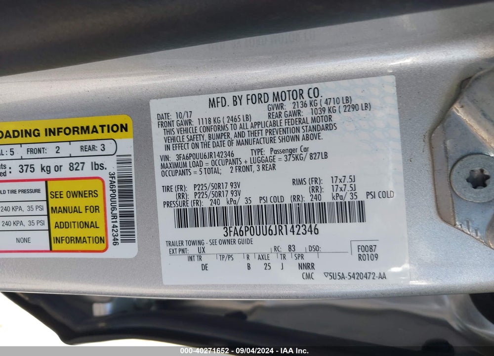 2018 FORD FUSION HYBRID S VIN: 3FA6P0UU6JR142346
