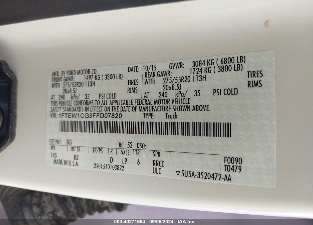 2015 FORD F-150 PLATINUM VIN: 1FTEW1CG3FFD07820