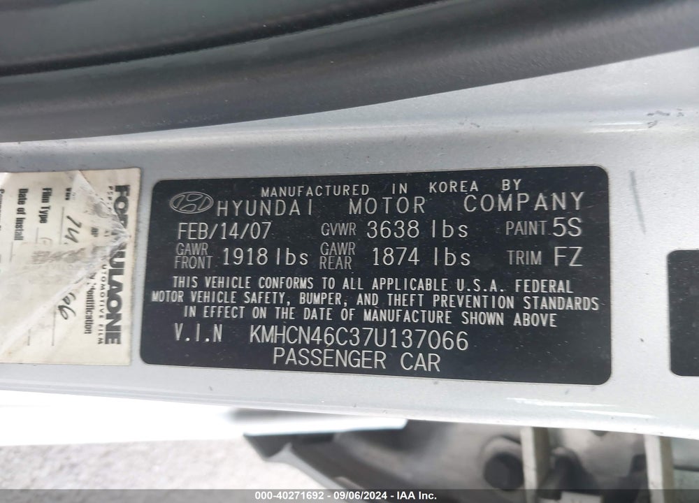 2007 HYUNDAI ACCENT GLS VIN: KMHCN46C37U137066