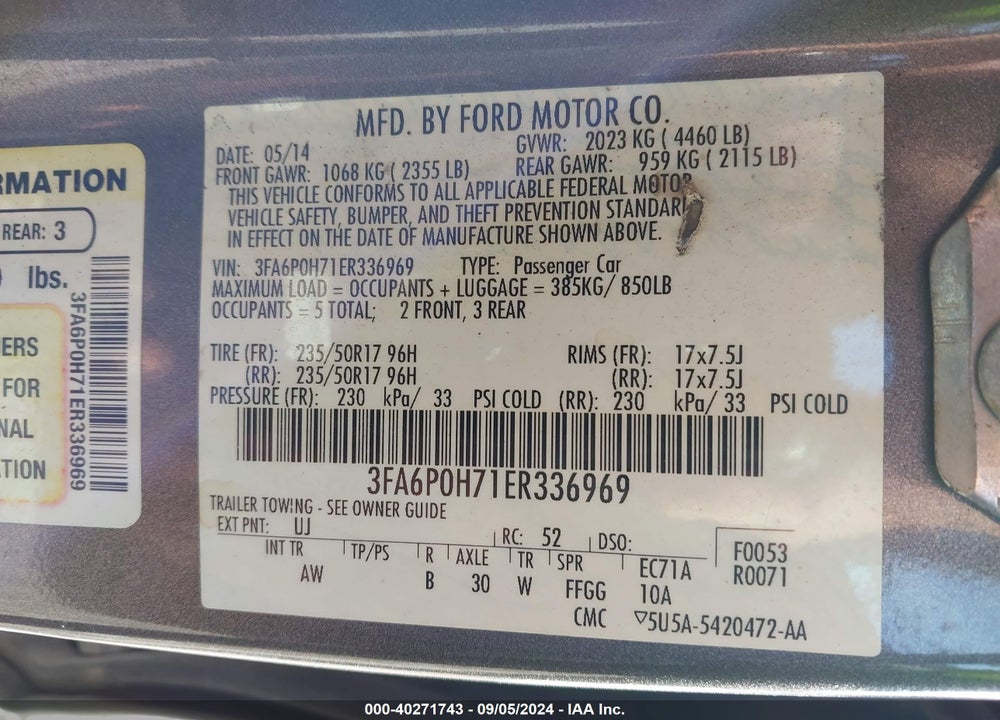2014 FORD FUSION SE VIN: 3FA6P0H71ER336969