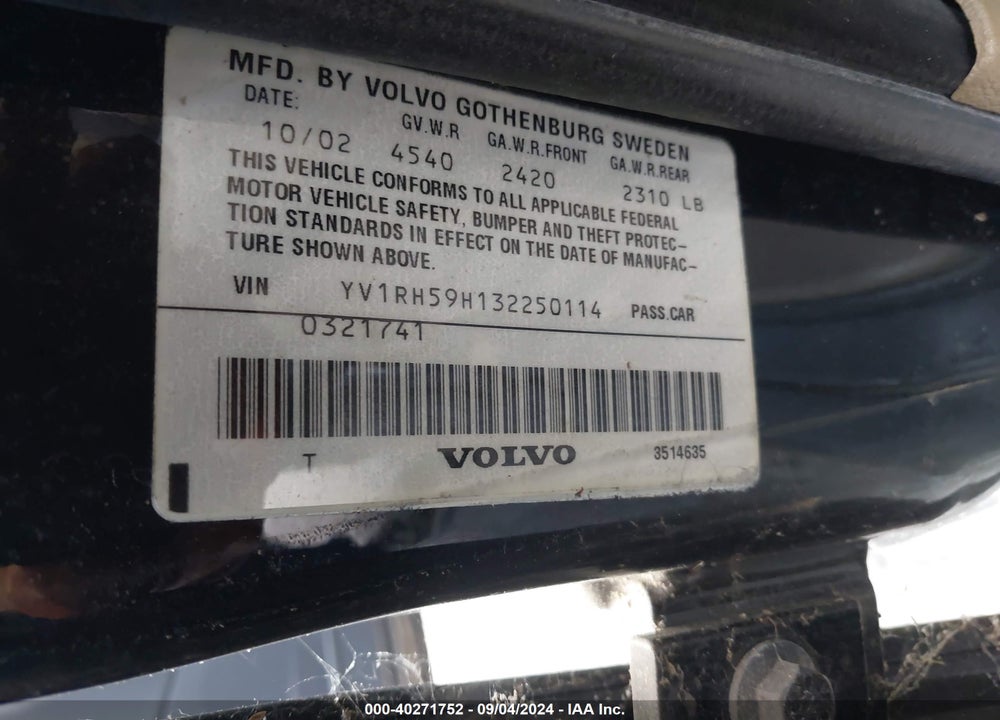 2003 VOLVO S60 2.5T AWD VIN: YV1RH59H132250114