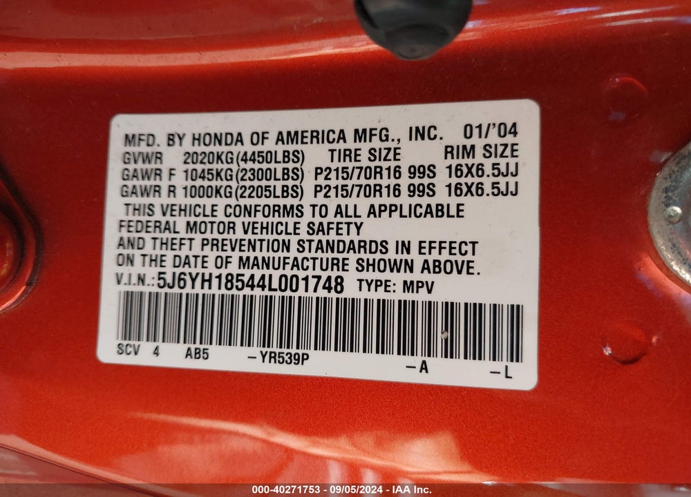 2004 HONDA ELEMENT EX VIN: 5J6YH18544L001748