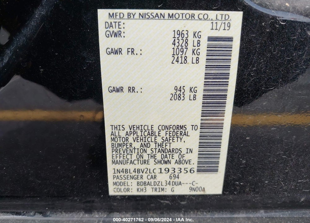 2020 NISSAN ALTIMA S FWD VIN: 1N4BL4BV2LC193356