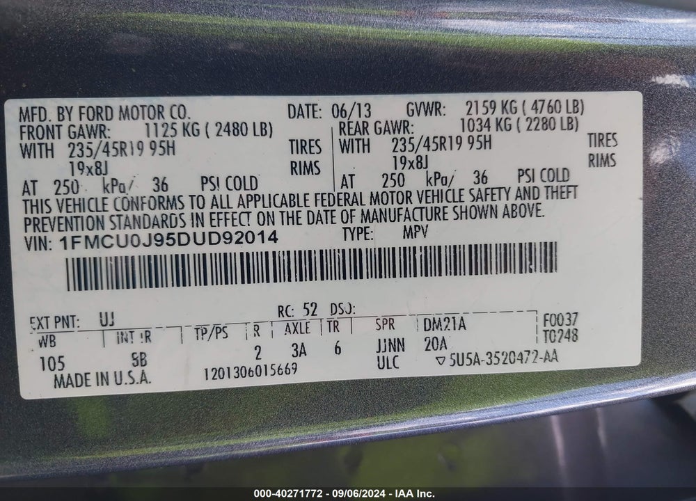 2013 FORD ESCAPE TITANIUM VIN: 1FMCU0J95DUD92014