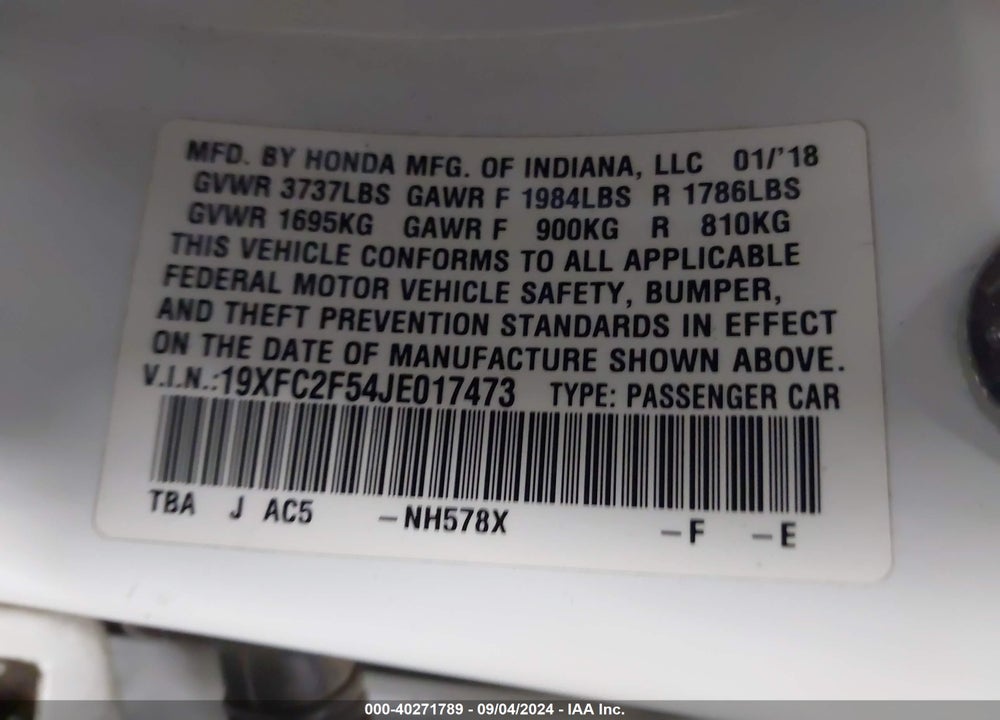 2018 HONDA CIVIC LX VIN: 19XFC2F54JE017473