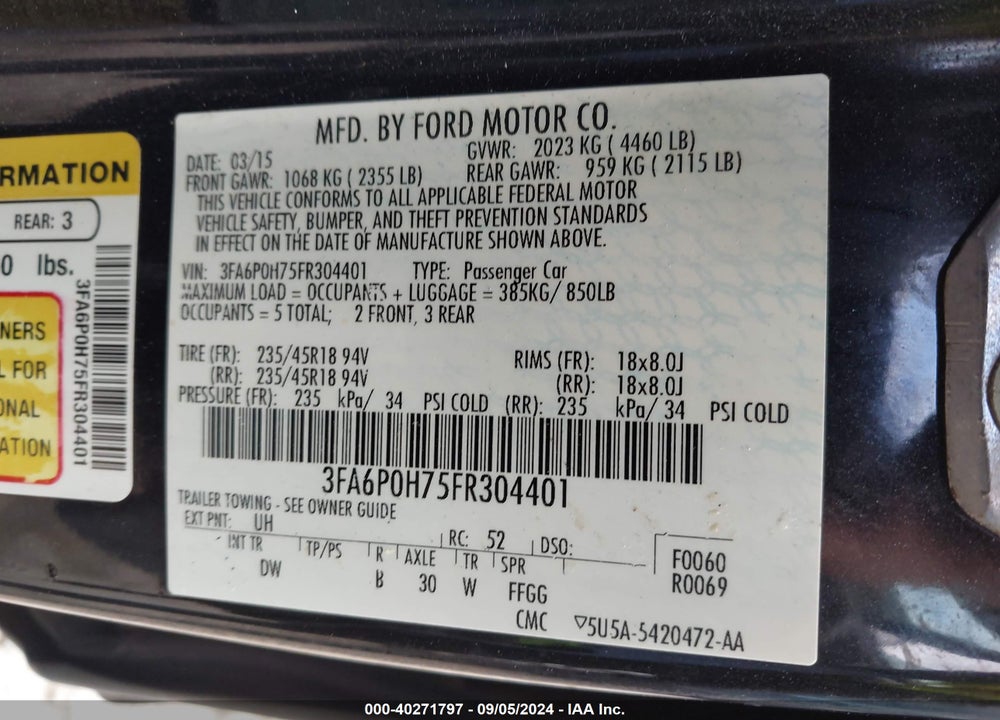 2015 FORD FUSION SE VIN: 3FA6P0H75FR304401