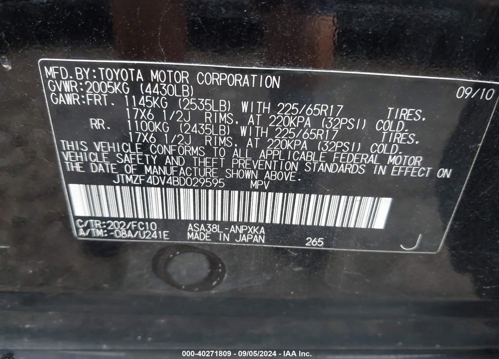 2011 TOYOTA RAV4 BASE (A4) VIN: JTMZF4DV4BD029595