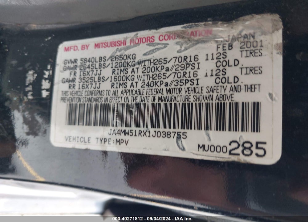 2001 MITSUBISHI MONTERO VIN: JA4MW51RX1J038755