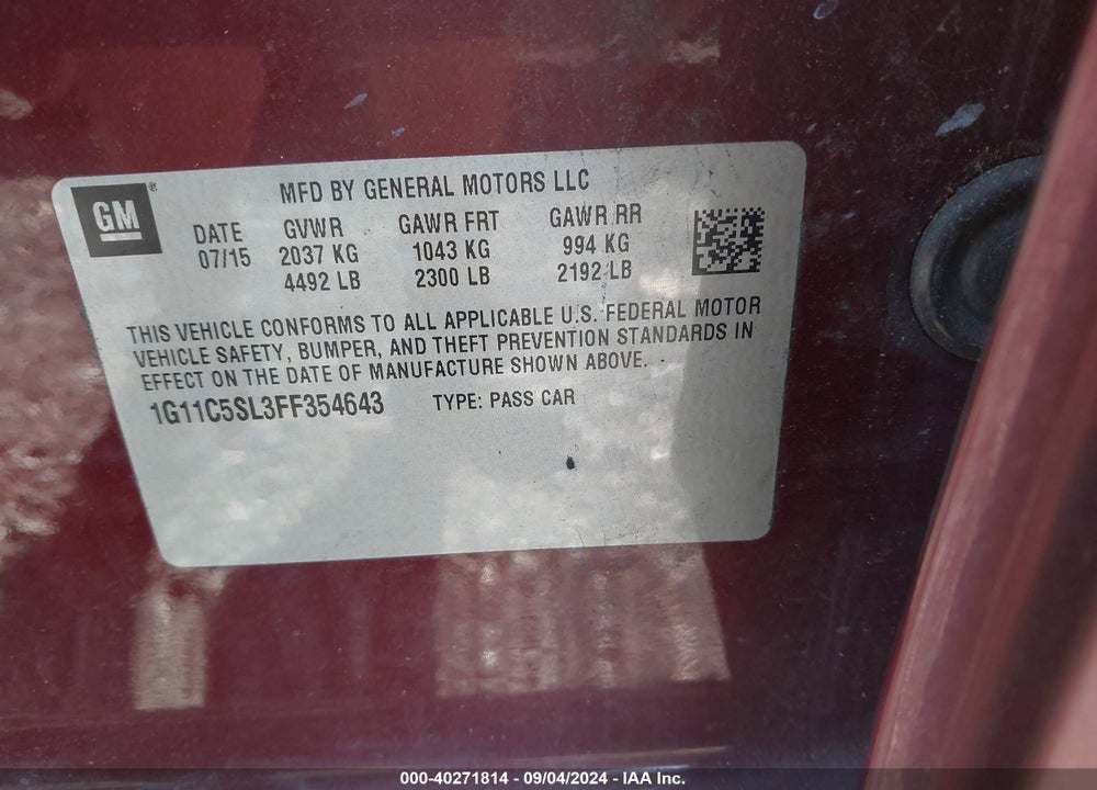 2015 CHEVROLET MALIBU 1LT VIN: 1G11C5SL3FF354643