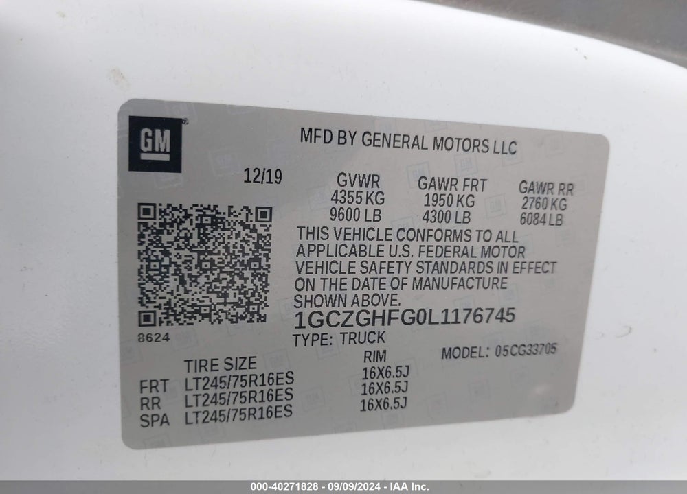 2020 CHEVROLET EXPRESS CARGO RWD 3500 EXTENDED WHEELBASE WT VIN: 1GCZGHFG0L1176745