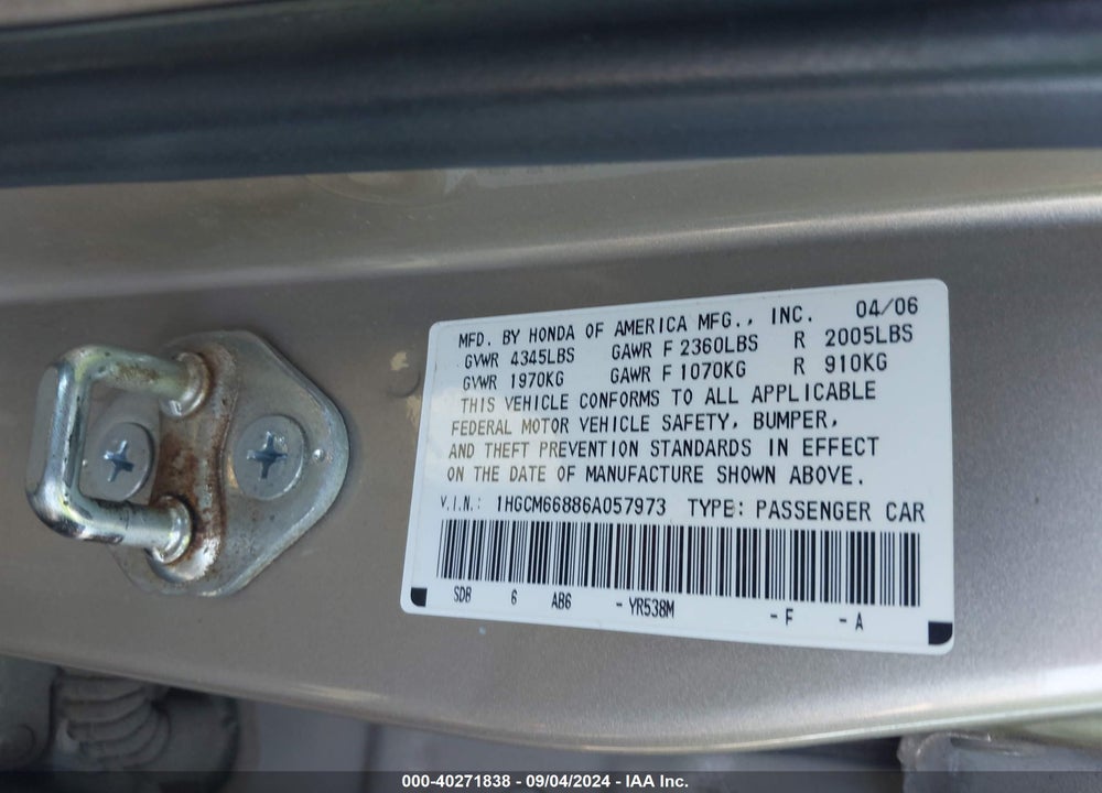 2006 HONDA ACCORD 3.0 EX VIN: 1HGCM66886A057973