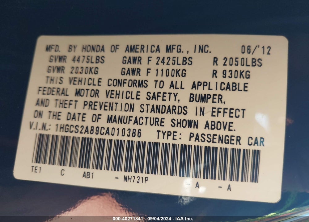 2012 HONDA ACCORD 3.5 EX-L VIN: 1HGCS2A89CA010386