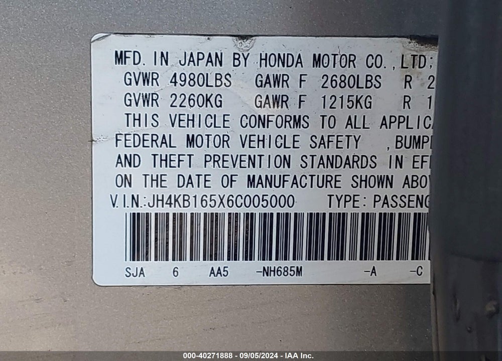 2006 ACURA RL 3.5 VIN: JH4KB165X6C005000