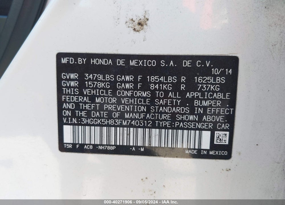 2015 HONDA FIT EX/EX-L VIN: 3HGGK5H83FM740312