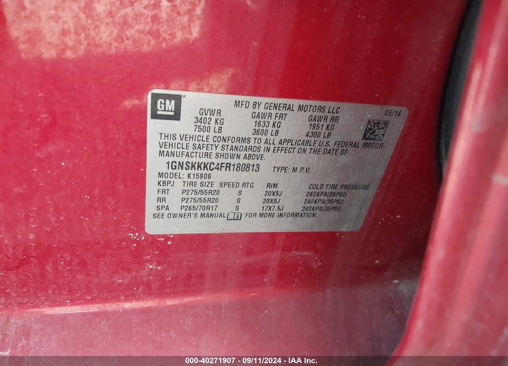 2015 CHEVROLET SUBURBAN 1500 LTZ VIN: 1GNSKKKC4FR180813