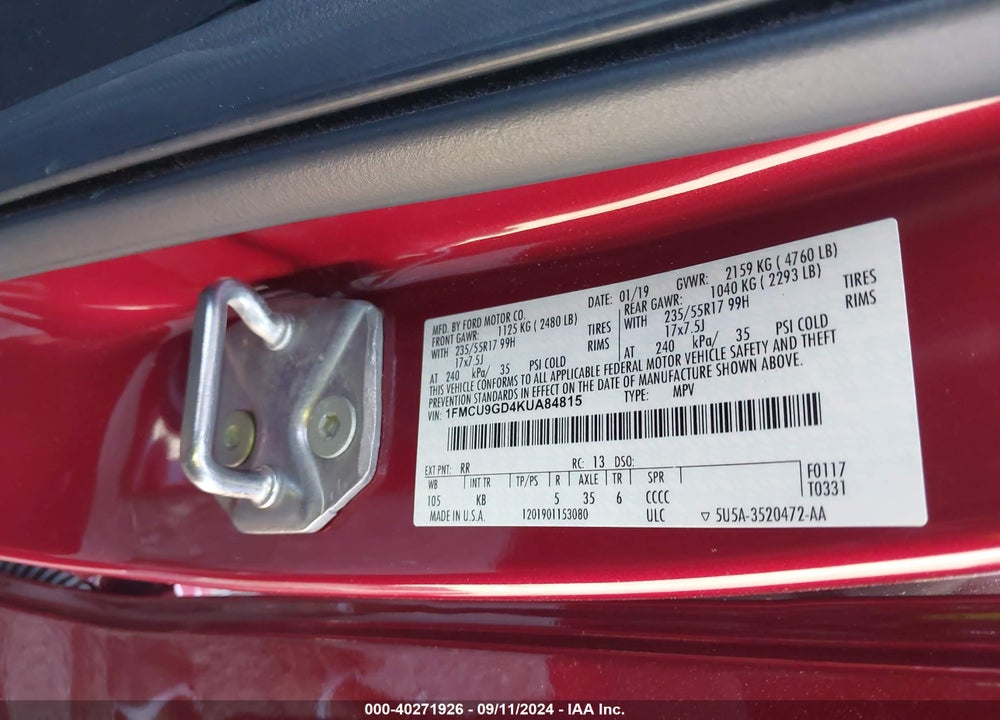 2019 FORD ESCAPE SE VIN: 1FMCU9GD4KUA84815