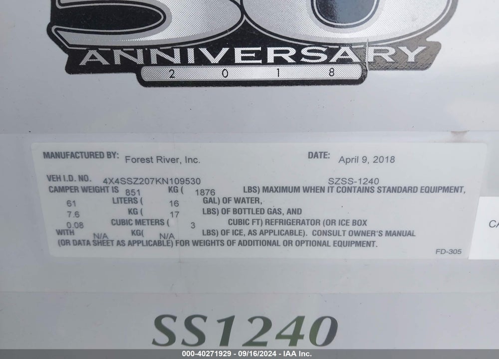 2019 FOREST RIVER SOFTSIDE SZSS VIN: 4X4SSZ207KN109530