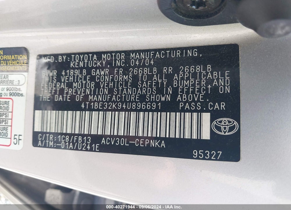 2004 TOYOTA CAMRY LE VIN: 4T1BE32K94U896691