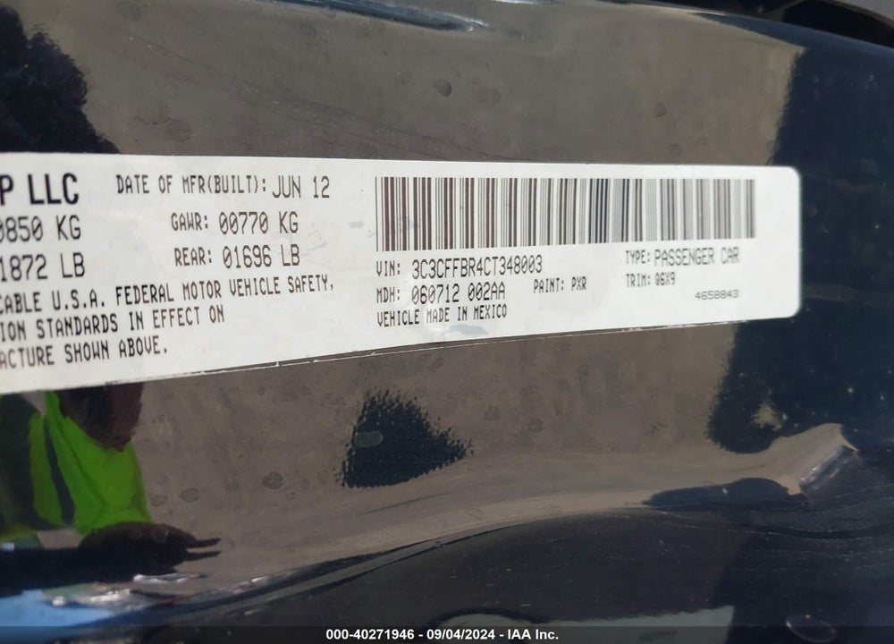 2012 FIAT 500 SPORT VIN: 3C3CFFBR4CT348003
