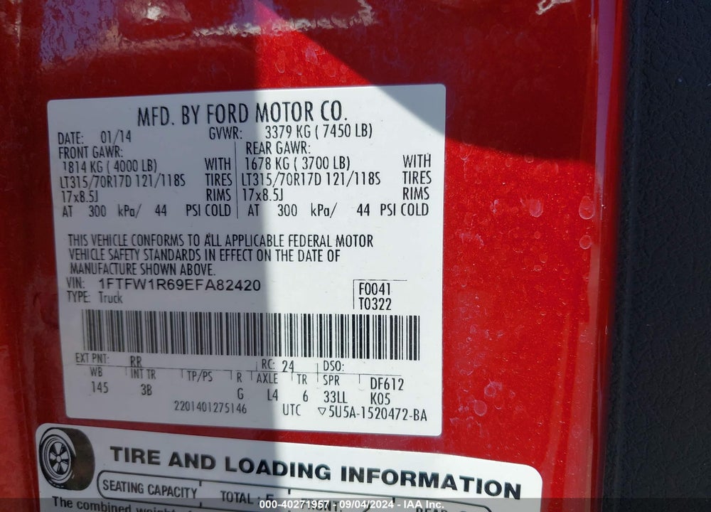 2014 FORD F-150 SVT RAPTOR VIN: 1FTFW1R69EFA82420