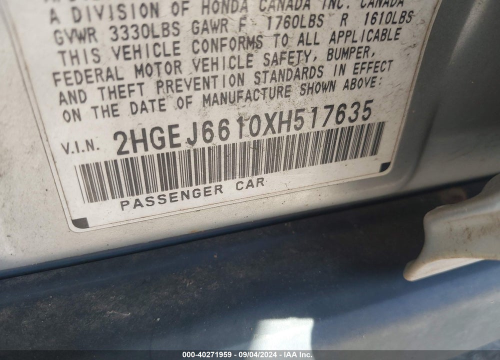 1999 HONDA CIVIC VALUE PACKAGE VIN: 2HGEJ6610XH517635