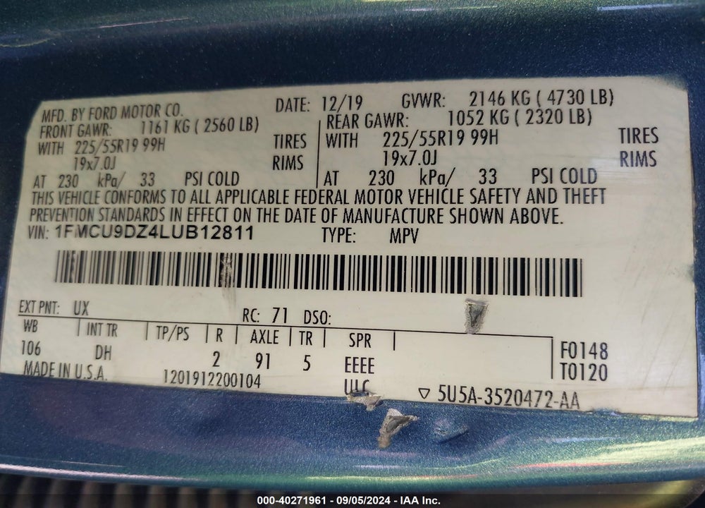 2020 FORD ESCAPE TITANIUM HYBRID VIN: 1FMCU9DZ4LUB12811