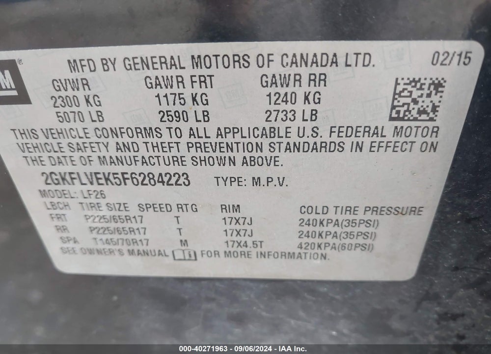 2015 GMC TERRAIN SLE-1 VIN: 2GKFLVEK5F6284223