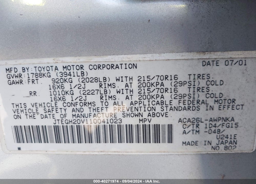 2001 TOYOTA RAV4 VIN: JTEGH20V110041023
