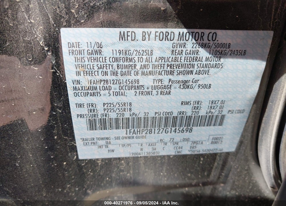 2007 FORD FIVE HUNDRED LIMITED VIN: 1FAHP28127G145698
