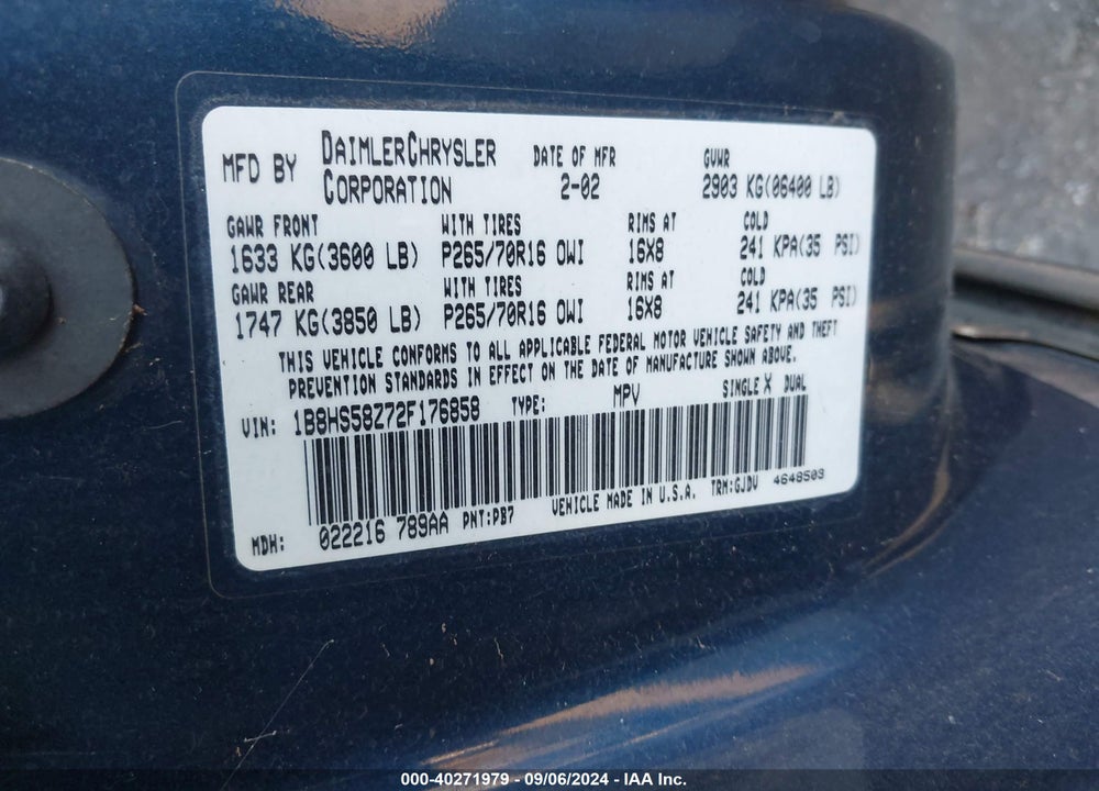 2002 DODGE DURANGO SLT PLUS VIN: 1B8HS58Z72F176858